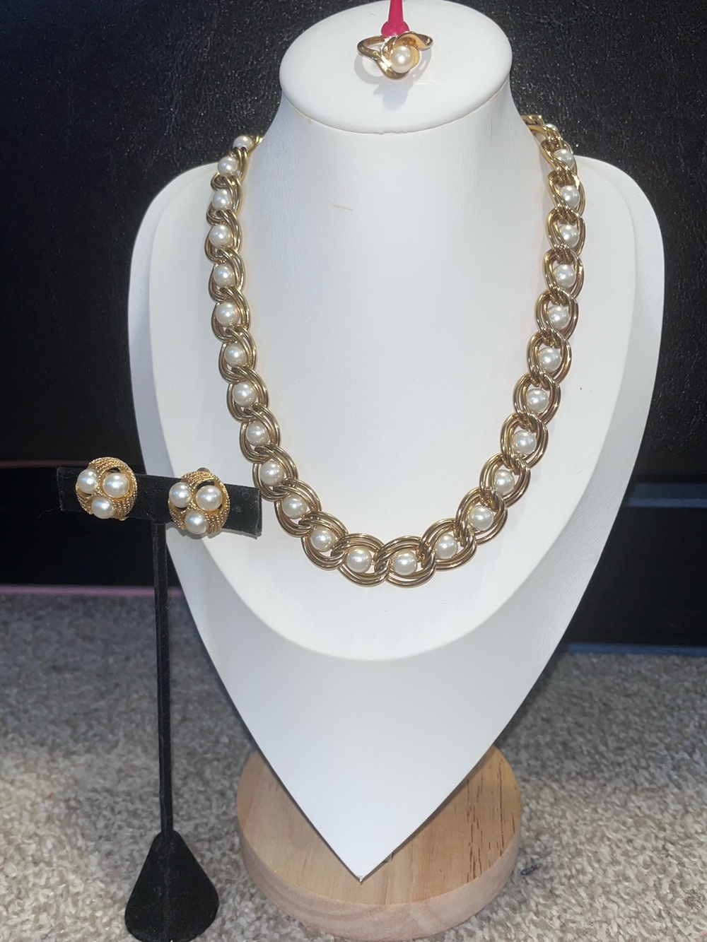 Gold Pearl-Accent Chain Necklace and Earring Set